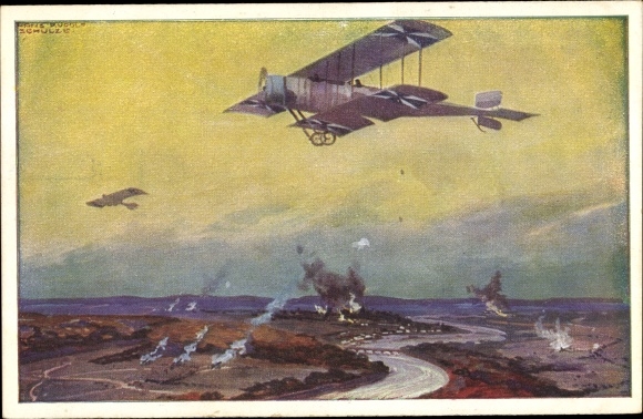 Artist PC Schulze, Hans Rudolf, military biplane on reconnaissance flight on the Marne, I. WW