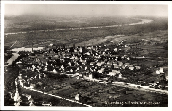 Postcard Neuenburg am Rhein Baden, aerial view of Neuenburg, Rhine, river, buildings, landscape