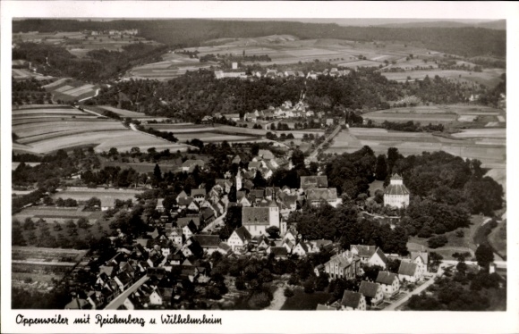 Postcard Oppenweiler in Württemberg, aerial photograph, Reichenberg, Wilhelmsheim