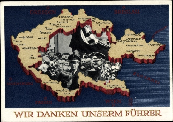 Postal stationery Postcard We thank our leader, Sudetenland, Bohemia, Moravia, Hitler