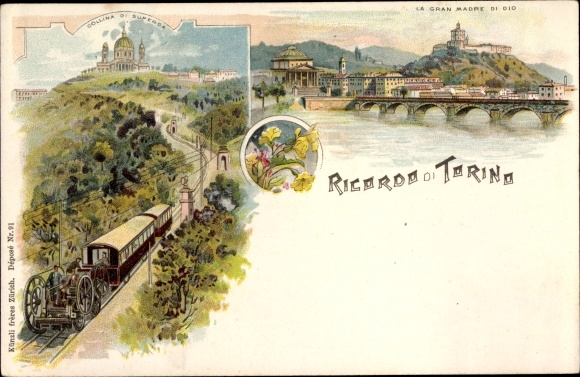 Litho Torino Turin Piemonte, Italienische Eisenbahn, Gran Madre di Dio, Superga