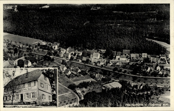 Ak Pfeifferhütte Schwarzenbruck in Mittelfranken Bayern, Luftbild von  Gasthaus Jägerruh, ruhige 