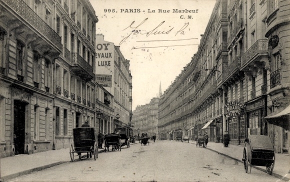 Ak Paris VIII., La Rue Marbeuf, American Bar, rijtuigen, straatbeeld