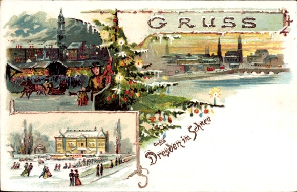 Chromo-Litho Dresden center, Christmas market, ice skating rink, Christmas tree