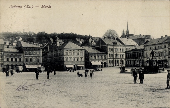 Ak Sebnitz, Markt, Passanten. Geschäfte