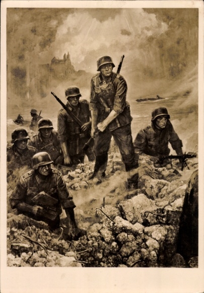 Artist Postcard Sauter, W., Crossing on the Upper Rhine 1940, German Wehrmacht, HDK 391