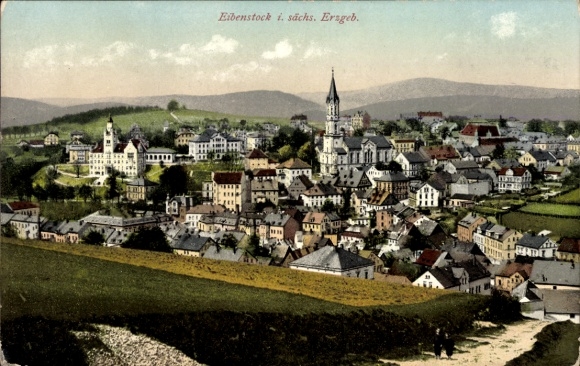 Postcard Eibenstock in the Ore Mountains Saxony, general view of the town, view to the church, old town