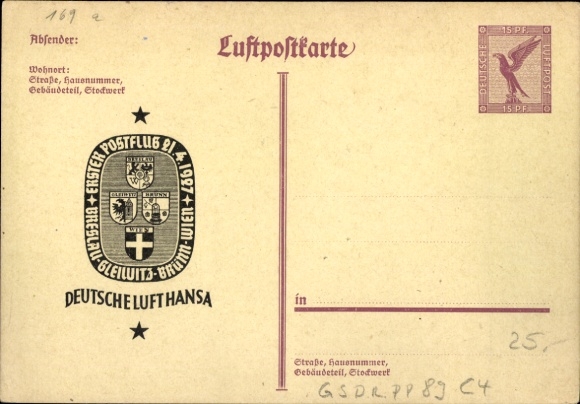 Postwaardestuk Ak luchtpostkaart, Deutsche Lufthansa, eerste postvlucht in 1927, PP 89 C 4