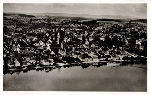 Postcard Überlingen on Lake Constance, aerial view of old town, houses, lake, mountains