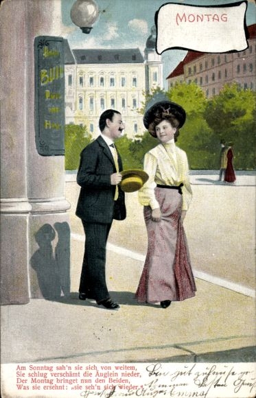 Postcard Monday, lovers, On Sunday they saw each other from afar