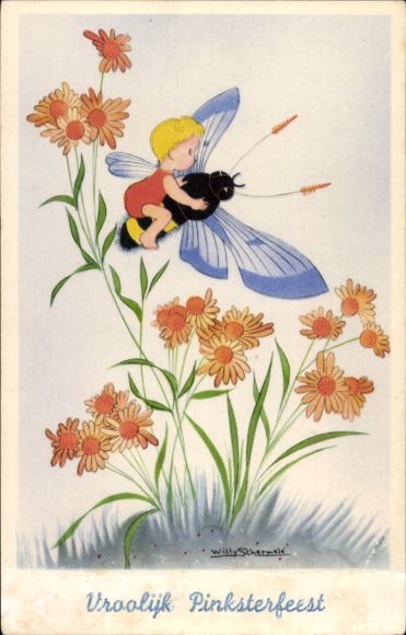 Artist Postcard Schermele, Willy, child flying on a bumblebee, flowers
