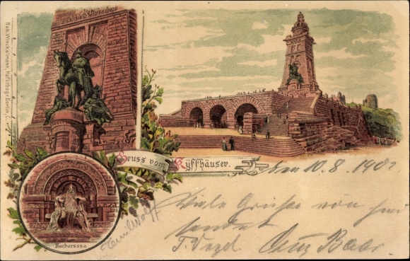 Litho Steinthaleben Kyffhäuserland in Thüringen, Kaiser Wilhelm Denkmal, Barbarossa