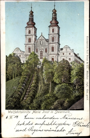 Illuminated window Postcard Mariatrost Graz Styria, pilgrimage church Maria Trost, Golden Windows