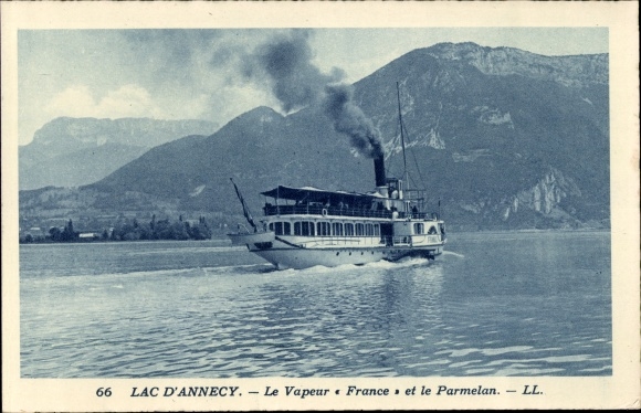 Postcard Lac d'Annecy, Le Vapeur France and Parmelan