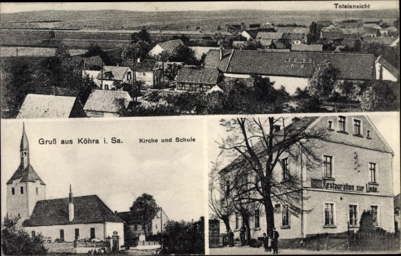 Ansichtkaart Köhra Belgershain in Saksen, restauratie aan de lindeboom, kerk, school, afstandsschot
