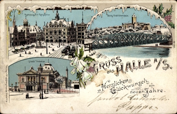 Litho Halle an der Saale, Stadttheater, Brücke, Glückwunsch Neujahr