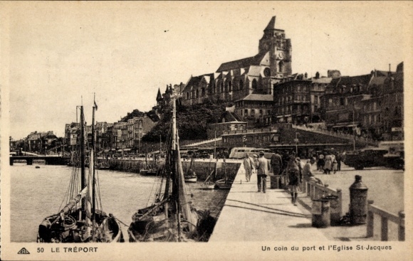 Ak Le Tréport Seine Maritime, Hafenansicht, Eglise St-Jacques, Boote, Menschen, Le Tréport