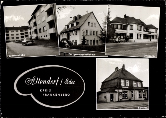 Ak Allendorf an der Eder, Bahnhof, Ortspartie, Dorfgemeinschaftshaus