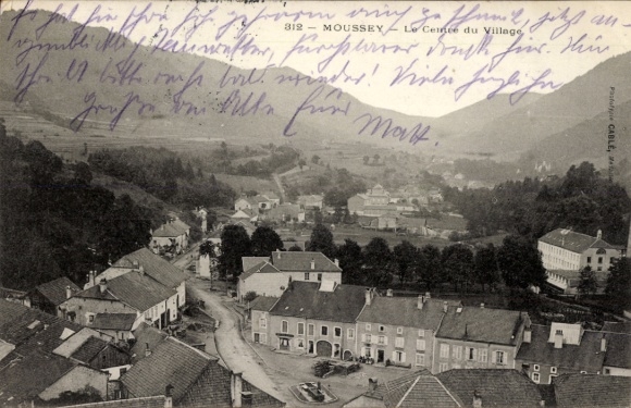 KP Moussey Aube, centrum wioski, krajobraz górski, pocztówka, stara architektura