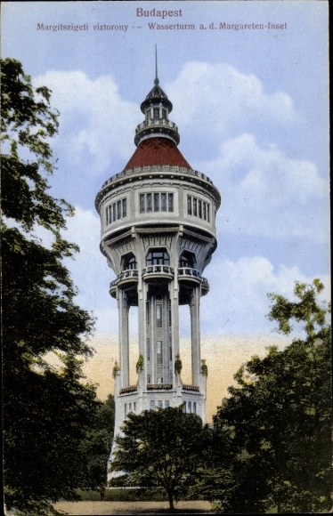Postcard Budapest Hungary, water tower, Margaret Island