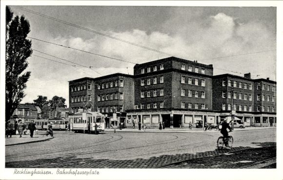Postcard Recklinghausen in the Ruhr area, station forecourt, corner building, tram