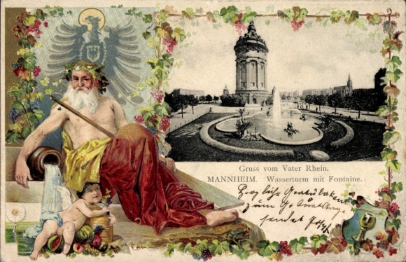 Embossed Passepartout PC Mannheim, Father Rhine, Water Tower with Fontaine