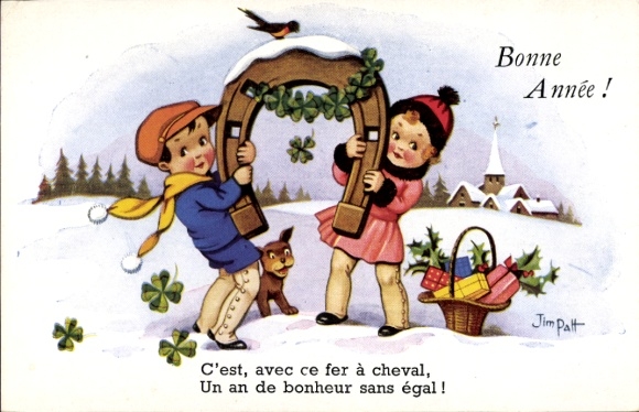 Artist Postcard Patt, Jim, Happy New Year, children with horseshoes, clover, winter landscape