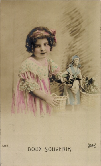 Postcard girl with pink dress, doll
