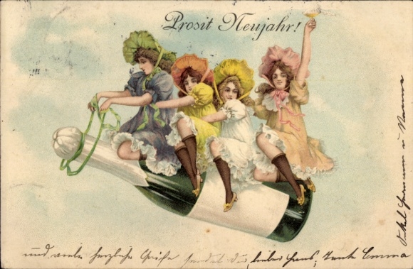Litho Fröhliches Neujahr, Vier junge Frauen fliegen auf einer Sektflasche