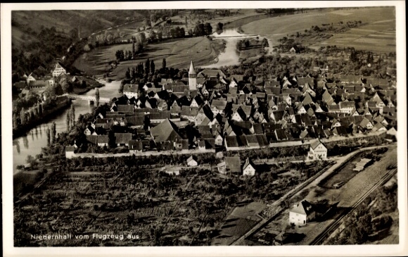 Postcard Niedernhall in Hohenlohekreis, aerial view of river, church, houses