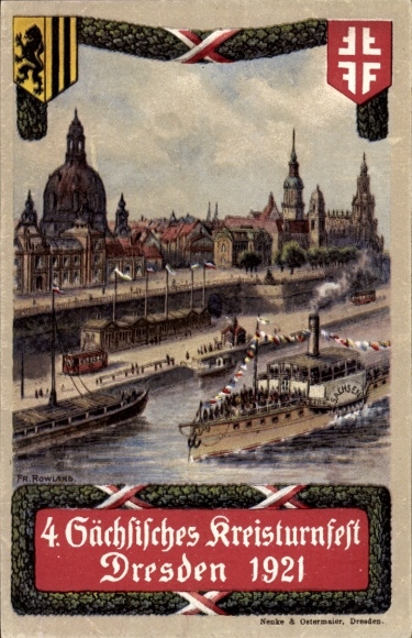 Artist Postcard Dresden Altstadt, Frauenkirche, 4th Saxon District Gymnastics Festival 1921, Steamer Saxony