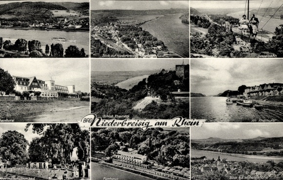 Postcard Niederbreisig Bad Breisig am Rhein, Rheineck Castle, spa house, Rhine hotel, chairlift