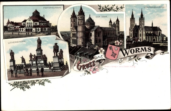 Chromo-Litho Worms am Rhein, Cathedral, Panorama, Grand Duke Monument, Luther Monument