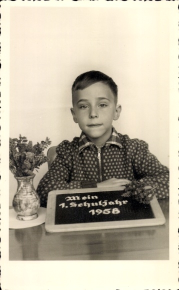 Photo Postcard congratulations on starting school, boy with slate 1958