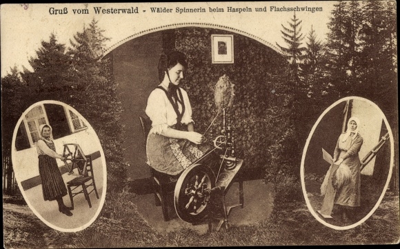 Postcard Asbach in the Westerwald, forest spinner when reeling and flax swinging