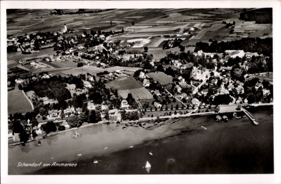 Ak Schondorf am Ammersee Opper-Beieren, luchtfoto, dorp, Ammersee, velden, landschap