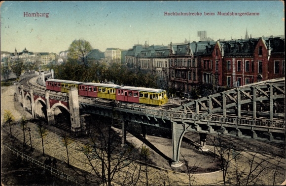 Postcard Hamburg Mitte Altstadt, elevated railway line at Mundsburgerdamm
