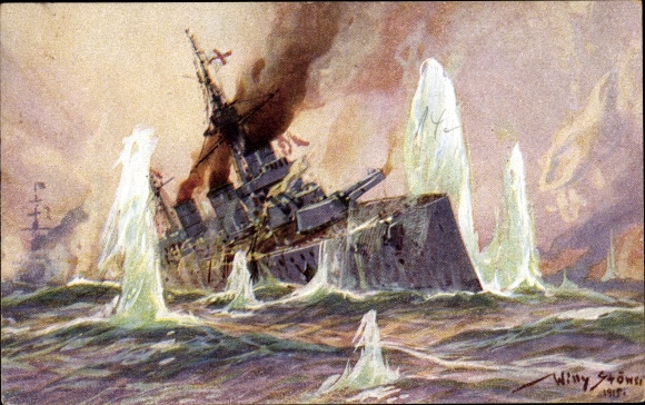 Artist PC Stöwer, Willy, Naval Battle North Sea 1915, English battle cruiser, German cruiser