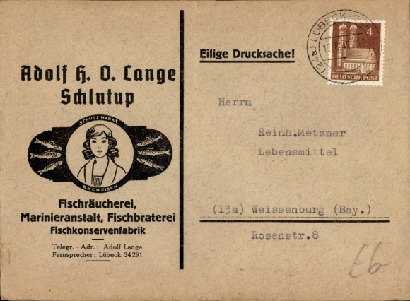 Envelope Hanseatic City of Lübeck, advertising, fish smokehouse, marinating facility, Adolf Lange