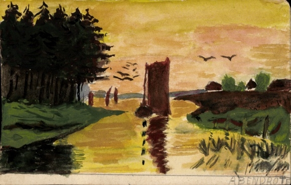 Hand-painted Postcard river motif, sunset