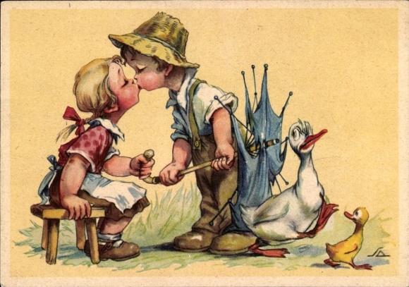 Artist Postcard Salac, AL, boy kissing girl, goose, umbrella
