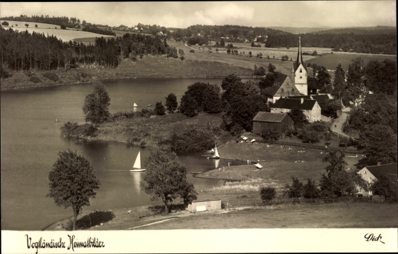 Ansichtkaart Altensalz Neuensalz Vogtland, gedeeltelijk zicht op de Pöhler-dam, kerk