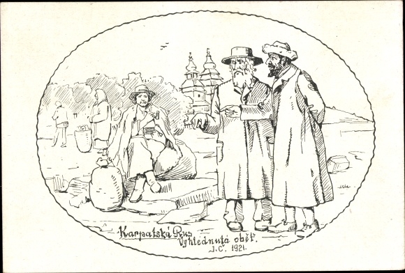 Judaica Postcard Cermak, J., Ukraine, Karpatska Rus, Vyhlednuta obet, Jewish Traders, Unsuspecting Victim