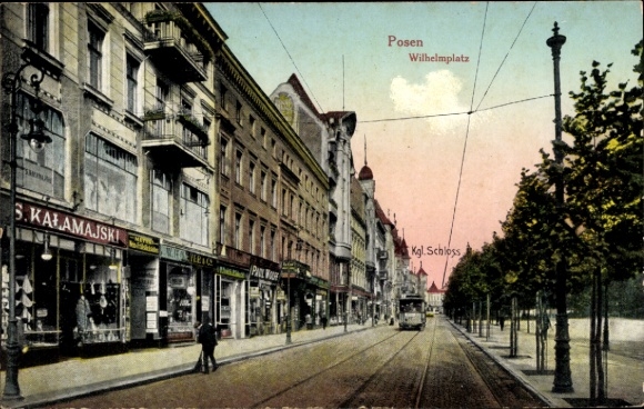 Postcard Poznań Poznan, Wilhelmplatz, Tram, Royal Castle, GS Kalamajski