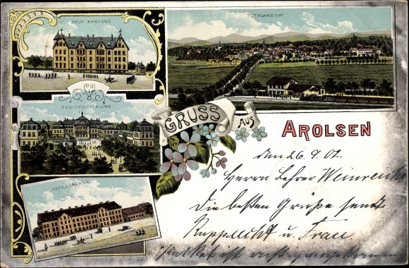 Chromo-Litho Bad Arolsen in Hesse, total view of the village, barracks, residential palace
