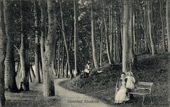Ak Ostseebad Scharbeutz in Holstein, Waldweg, Bank, sitzende Personen, künstlerische Komposition