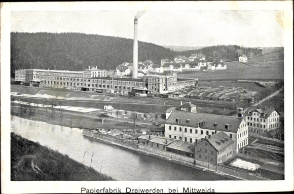 Postcard Dreiwerden Rossau Mittelsachsen, paper factory, railway line, freight wagons