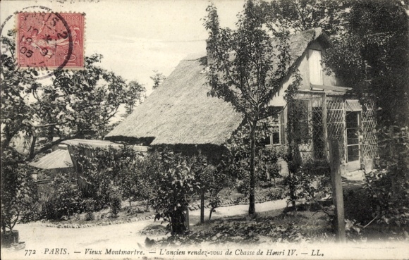 Ak Paris XVIII Montmartre, Vieux Montmartre, Haus mit Reetdach, Garten, frühere Jagdstätte von He