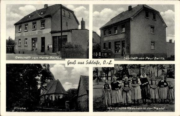 Postcard Schleife in Upper Lusatia, shop of Marta Berton, Paul Belitz, church, Wendish girls