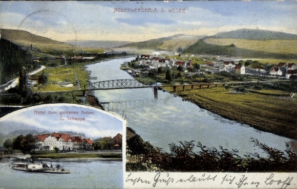Ak  Bodenwerder in Niedersachsen, Hotel zum goldenen Anker, C. Schoppe, Panorama